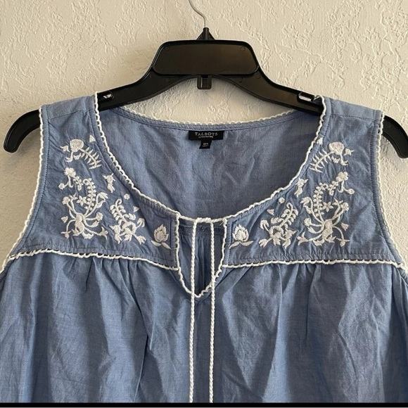 TALBOTS Tank Top  SMALL Chambray Embroidered Tassel Tie Popover Shell Cotton - Picture 4 of 6